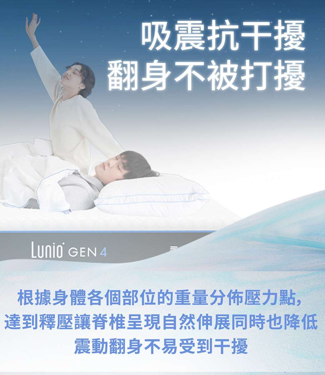 吸震抗干擾翻身不被打擾 GEN 4根據身體各個部位的重量分佈壓力點,達到釋壓讓脊椎呈現自然伸展同時也降低震動翻身不易受到干擾