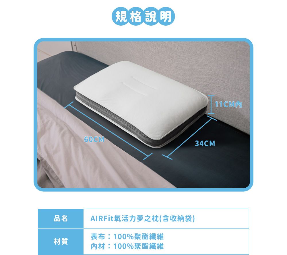 規格說明60CM34CM品名AIRFit氧活力夢之枕(含收納袋)表布:100%聚酯纖維材質材:100%聚酯纖維