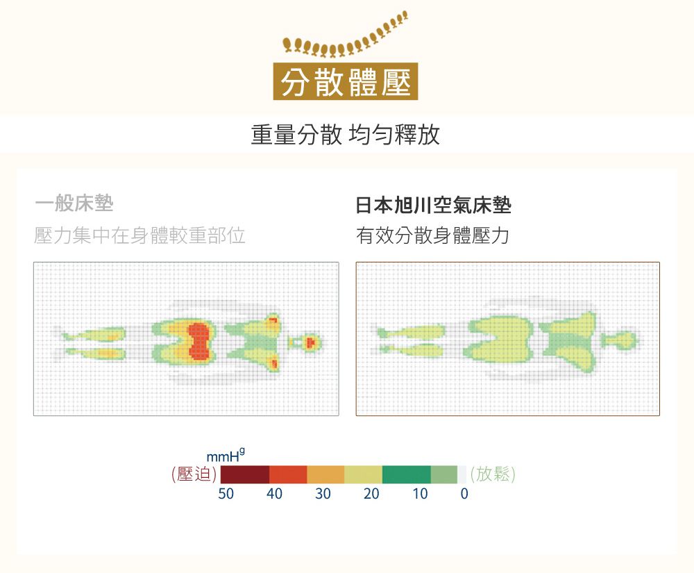 一般床墊|分散體壓重量分散 釋放日本旭川空氣床壓力集中在身體較重部位有效分散身體壓力(壓迫)5040302010 0(放鬆)