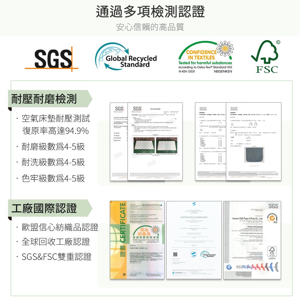 SGS通過多項檢測認證安心信賴的高質Global RecycledCONFIDENCEIN TEXTILESTested for harmful substancesaccording to  Standard N-KEN 12031NISSENKENFSCSGSSGS SGS耐壓耐磨檢測空氣床墊耐壓測試復原率高達949%耐磨級數4-5級耐洗級數4-5級·色牢級數4-5級工廠國際認證·歐盟信心紡織認證·全球回收工廠認證·SGS&FSC雙重認證 SGS證書 CERTIFITESGSHOHENSTEIN.  CA信心品通過有害Oeko- Standard 100  CERTIFICATE OF COMPLIANCEStandardSGS品SGS