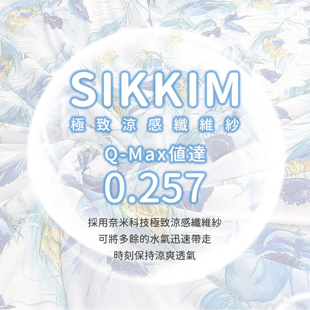 SIKKIM極致 涼感纖維紗Q-Max0.257採用奈米科技極致涼感纖維紗可將多餘的水氣迅速帶走時刻保持涼爽透氣