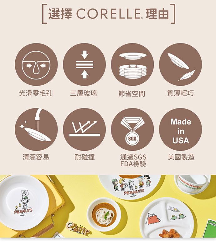 選擇 CORELLE. 理由]光滑零毛孔三層玻璃節省空間質薄輕巧SGSMadeinUSA清潔容易耐碰撞通過SGSFDA檢驗美國製造UTSPEANUTSPEAN