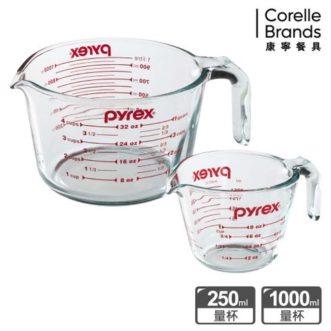 Corelle Brands 康寧餐具 美國康寧 Pyrex 耐熱玻璃單耳量杯兩入組(1000ml+250ml)