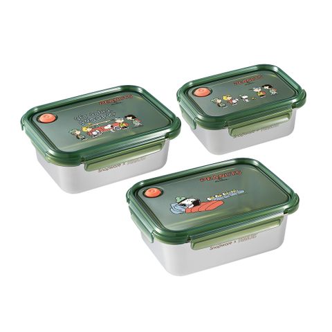 【Snapware 康寧密扣】SNOOPY露營趣不鏽鋼保鮮盒三入組(長方820ML+1250ML+1850ML)