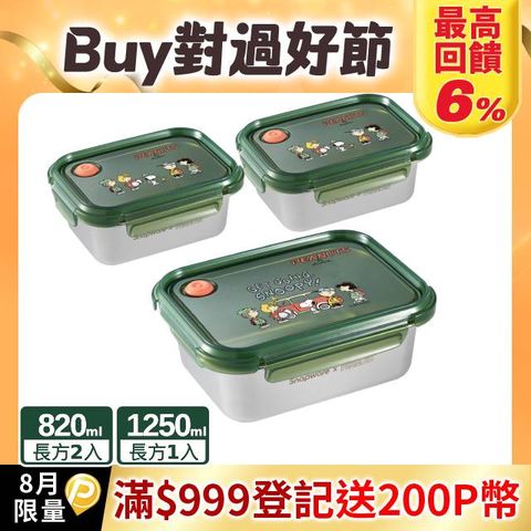 【Snapware 康寧密扣】SNOOPY露營趣不鏽鋼保鮮盒三入組(長方820MLX2+1250ML)