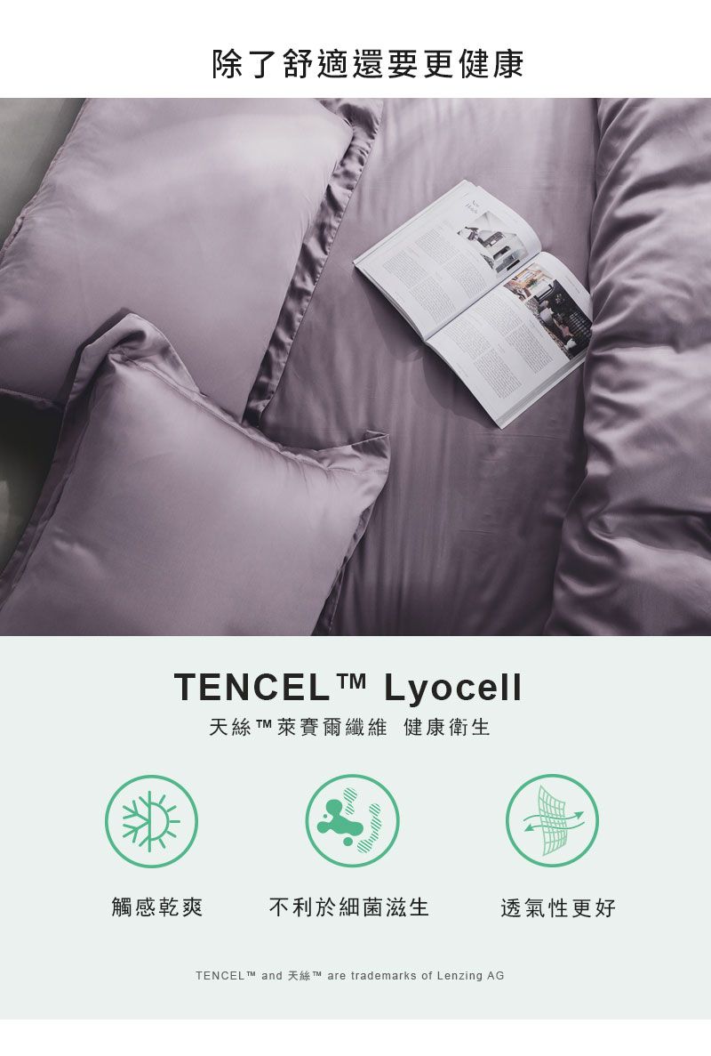 除了舒適還要更健康TENCEL  Lyocell天絲  萊賽爾纖維 健康衛生觸感乾爽不利於細菌滋生透氣性更好TENCEL and TM are trademarks of Lenzing AG