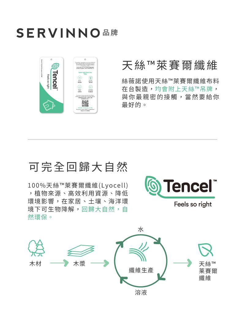 SERVINNO品牌 so rightencel 天絲萊賽爾纖維絲薇諾使用天絲萊賽爾纖維布料在台製造,均會附上天絲T吊牌,與你最親密的接觸,當然要給你最好的。可完全回歸大自然100%天絲T™萊賽爾纖維(Lyocell),植物來源、高效利用資源、降低環境影響,在家居、土壤、海洋環境下可生物降解,回歸大自然,自然環保。Tencel™Feels so right水木材木漿天絲 TM纖維生產纖維溶液