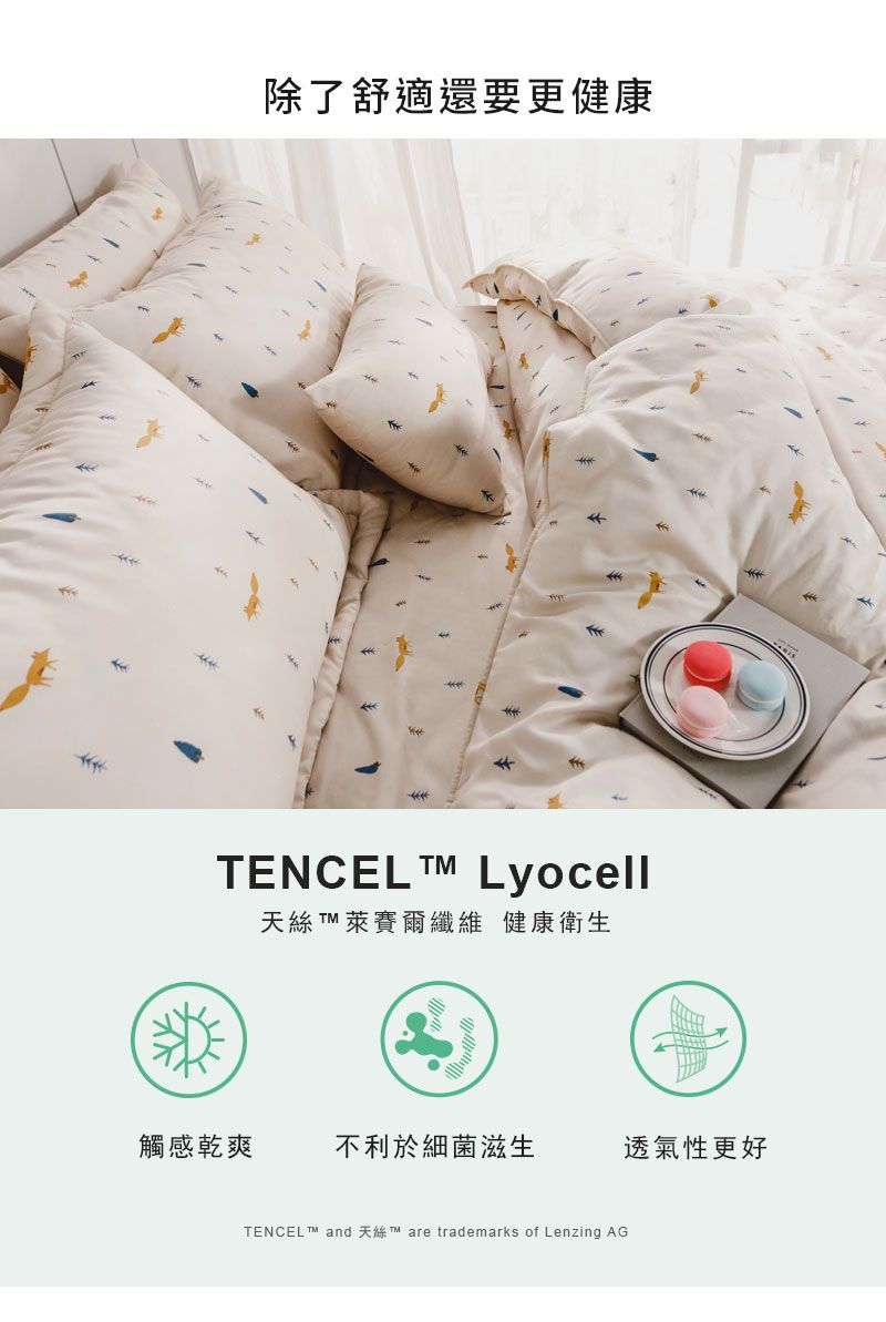 除了舒適還要更健康TENCEL Lyocell天絲  萊賽爾纖維 健康衛生觸感乾爽不利於細菌滋生透氣性更好TENCEL and are trademarks of Lenzing AG