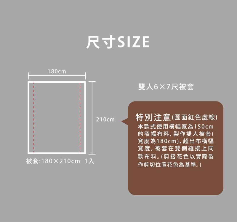 180cm尺寸SIZE雙人6X7尺被套被套:180210cm 1入210cm特別注意(圖面紅色虛線)本款式使用橫幅寬150cm的窄幅布料,製作雙人被套(寬度為180cm),超出布橫幅寬度,被套在雙側縫接上同款布料。(剪接花色以實際製作剪切位置花色為基準。)