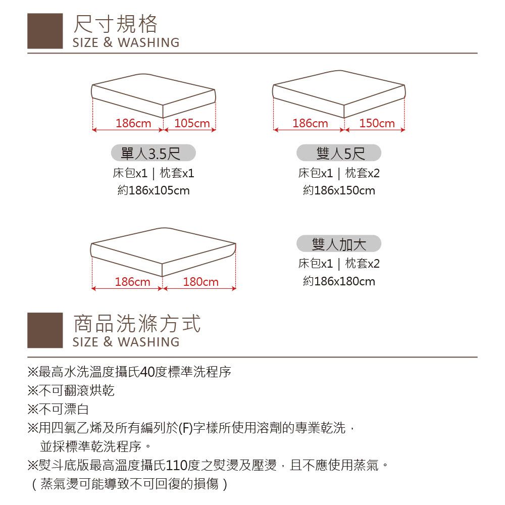 尺寸規格SIZE & WASHING186cm105cm186cm150cm單人3.5尺雙人5尺床包x1 | 枕套x1床包x1 | 枕套x2約186x105cm約186x150cm雙人加大186cm180cm床包x1 | 枕套x2約186x180cm商品洗滌方式SIZE & WASHING※最高水洗溫度攝氏40度標準洗程序※不可翻滾烘乾※不可漂白※用四氯乙烯及所有編列於(F)字樣所使用溶劑的專業乾洗,並採標準乾洗程序。※熨斗底版最高溫度攝氏110度之熨燙及壓燙,且不應使用蒸氣。(蒸氣燙可能導致不可回復的損傷)