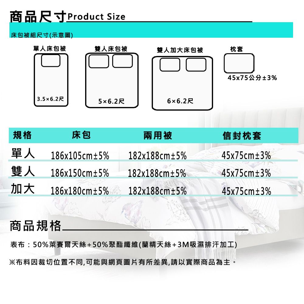 商品尺寸Product Size床包被組尺寸(示意圖)單人床包被雙人床包被雙人加大床包被枕套35x6.尺5x6.2尺6x6.2尺45x75公分±3%規格床包兩用被信封枕套單人 186x105cm±5%雙人 186x150cm±5%加大186x180cm±5%182x188cm±5%45x75cm±3%2182x188cm±5%45x75cm±3%182x188cm±5%45x75cm±3%商品規格.表布:50%萊賽爾天絲+50%聚酯纖維(蘭精天絲+3M吸濕排汗加工)※布料因裁切位置不同,可能與網頁圖片有所差異,請以實際商品為主。