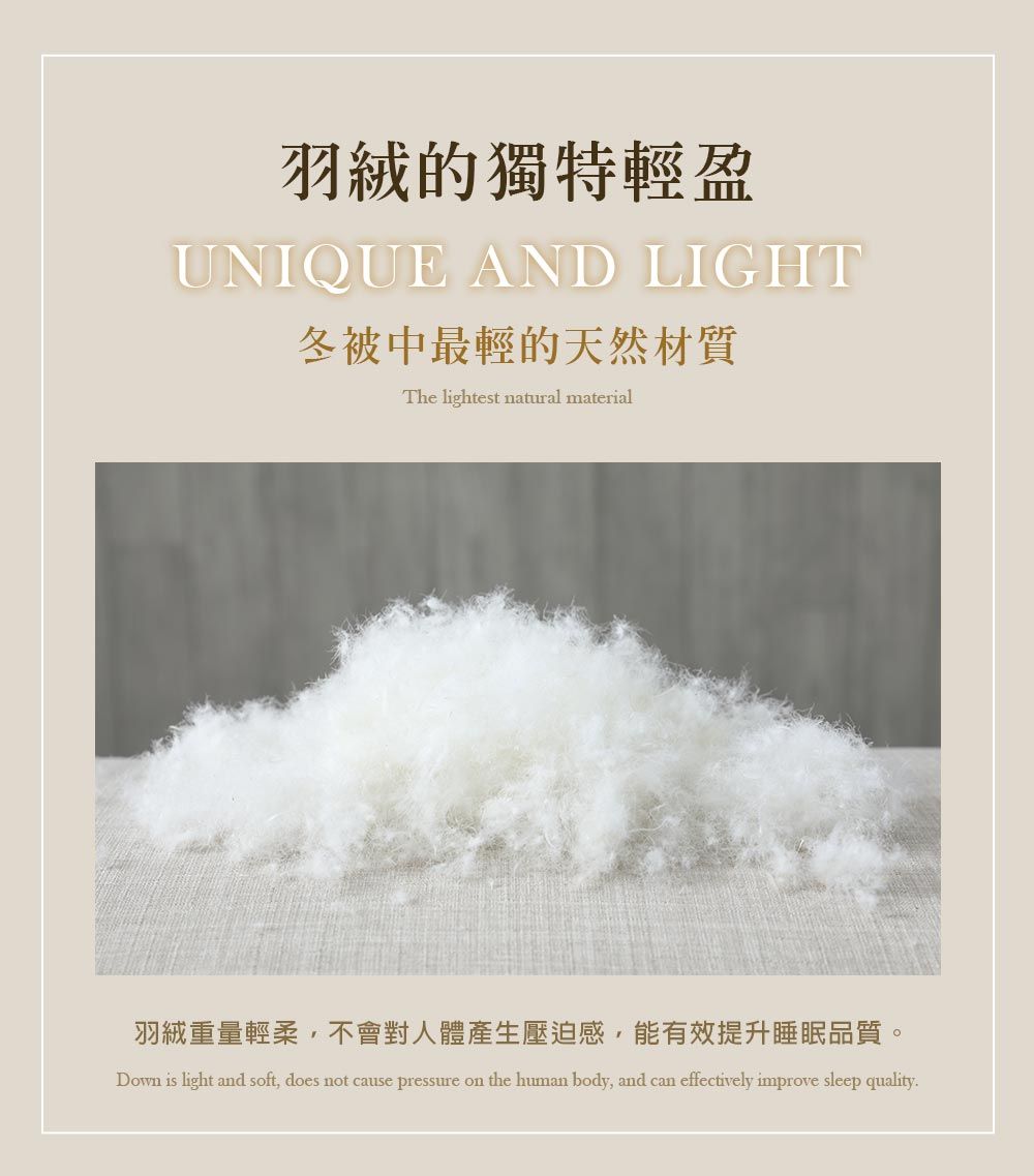羽絨的獨特輕盈UNIQUE AND LIGHT冬被中最輕的天然材質The lightest natural material羽絨重量輕柔,不會對人體產生壓迫感,能有效提升睡眠品質。Down is light and soft, does not cause pressure on the human body, and can effectively improve sleep quality
