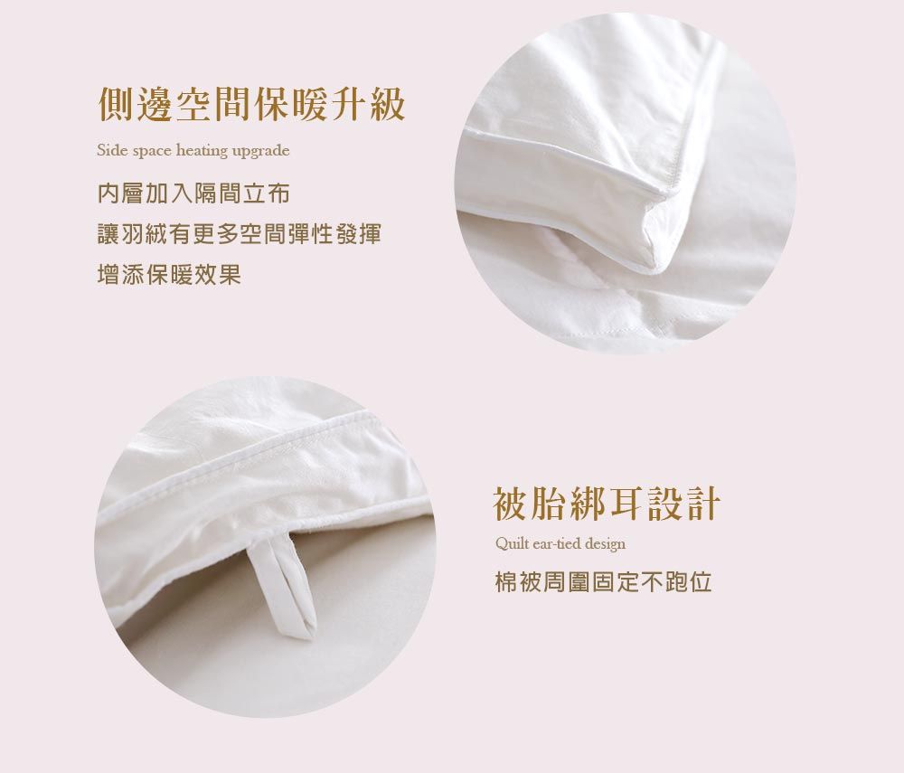 側邊空間保暖升級Side space heating upgrade內層加入隔間立布讓羽絨有更多空間彈性發揮增添保暖效果被胎綁耳設計Quilt ear-tied design棉被周圍固定不跑位