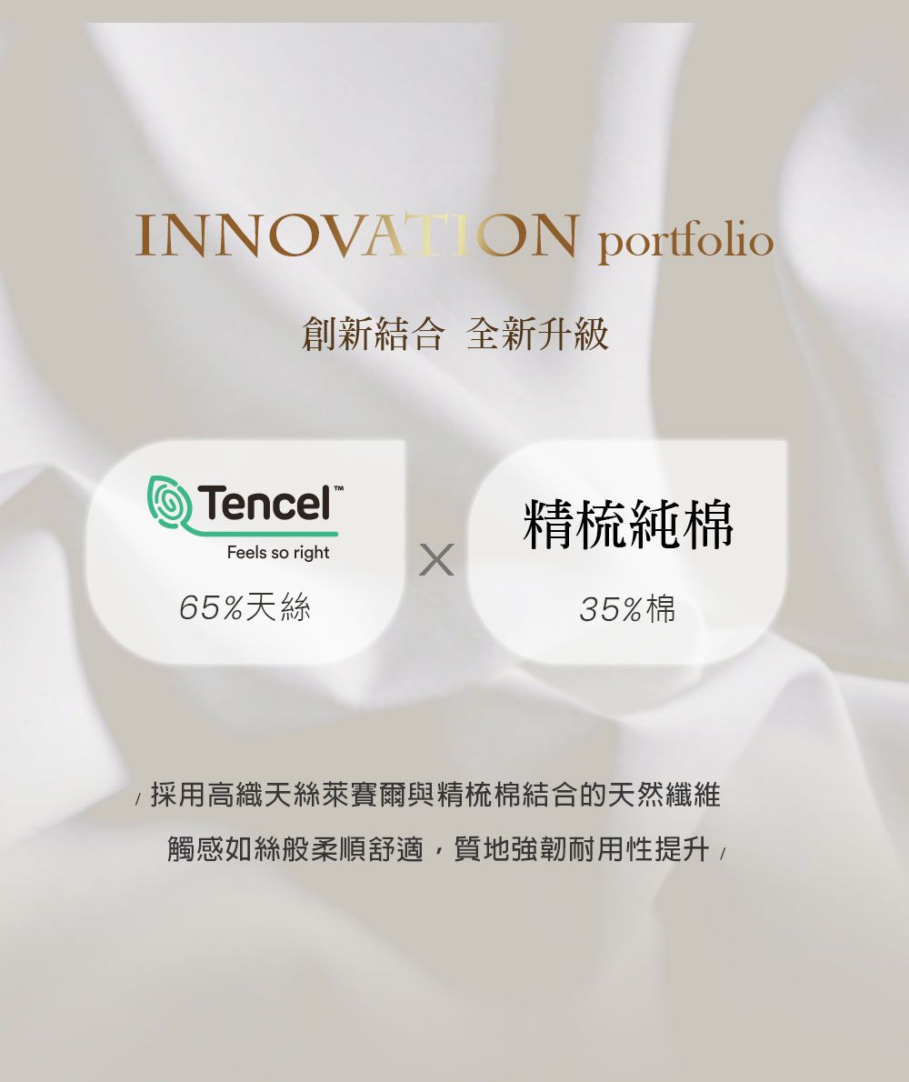 INNOVATION portfolio創新結合 全新升級Tencel精梳純棉Feels so  right65%天絲35%棉採用高織天絲萊賽爾與精梳棉結合的天然纖維觸感如絲般柔順舒適質地強韌耐用性提升