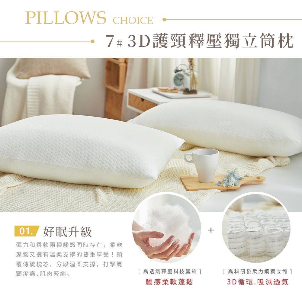 PILLOWS CHOICE7#3D護頸釋壓獨立筒 升級彈力和柔軟兩種觸感同時存在,柔軟蓬鬆又擁有溫柔支撐的雙重享受!顛覆傳統枕芯,分段溫柔支撑,打擊肩頸痠痛、肌肉緊繃。[高透氣釋壓科技纖維]觸感柔軟蓬鬆[高科研發柔力鋼獨立筒]3D循環.吸濕透氣