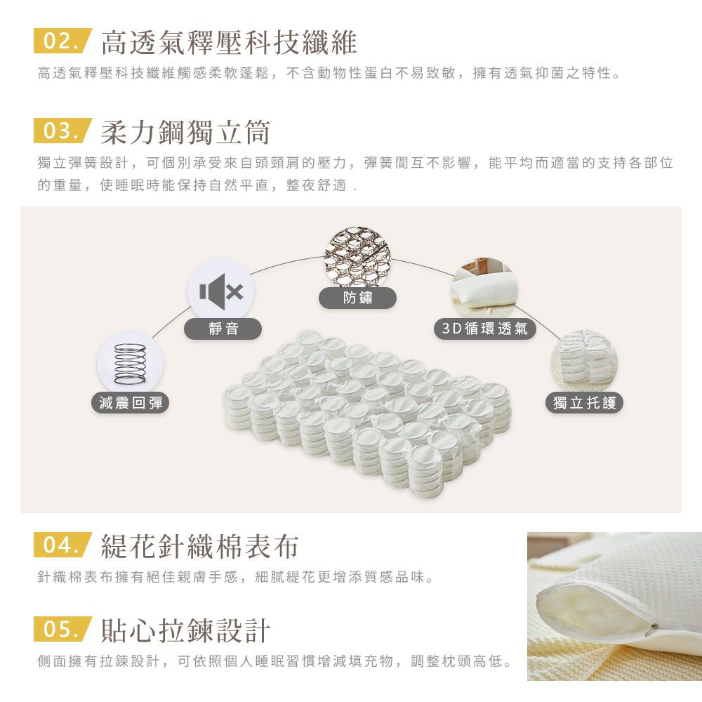 高透氣釋壓科技纖維高透氣釋壓科技纖維觸感軟蓬鬆不含動物性蛋白不易致敏,擁有透氣抑菌之特性。 柔力鋼獨立筒獨立彈簧設計,可個別承受來自頭頸肩的壓力,彈簧間互不影響,能平均而適當的支持各部位的重量,使睡眠時能保持自然平直,整夜舒適,減震回彈防鏽靜音3D循環透氣花針織棉表布針織棉表布擁有絕佳親膚手感,花更增添質感品味。05. 貼心拉鍊設計側面擁有拉鍊設計,可依照個人睡眠習慣增減填充物,調整枕頭高低。獨立托護