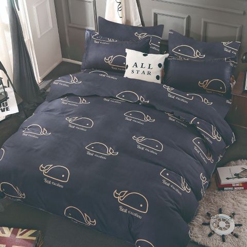 台灣製抗菌舒柔棉 兩用被床包組 雙人加大 四件組 (床包/床單/床罩) 鯨趣星夜
