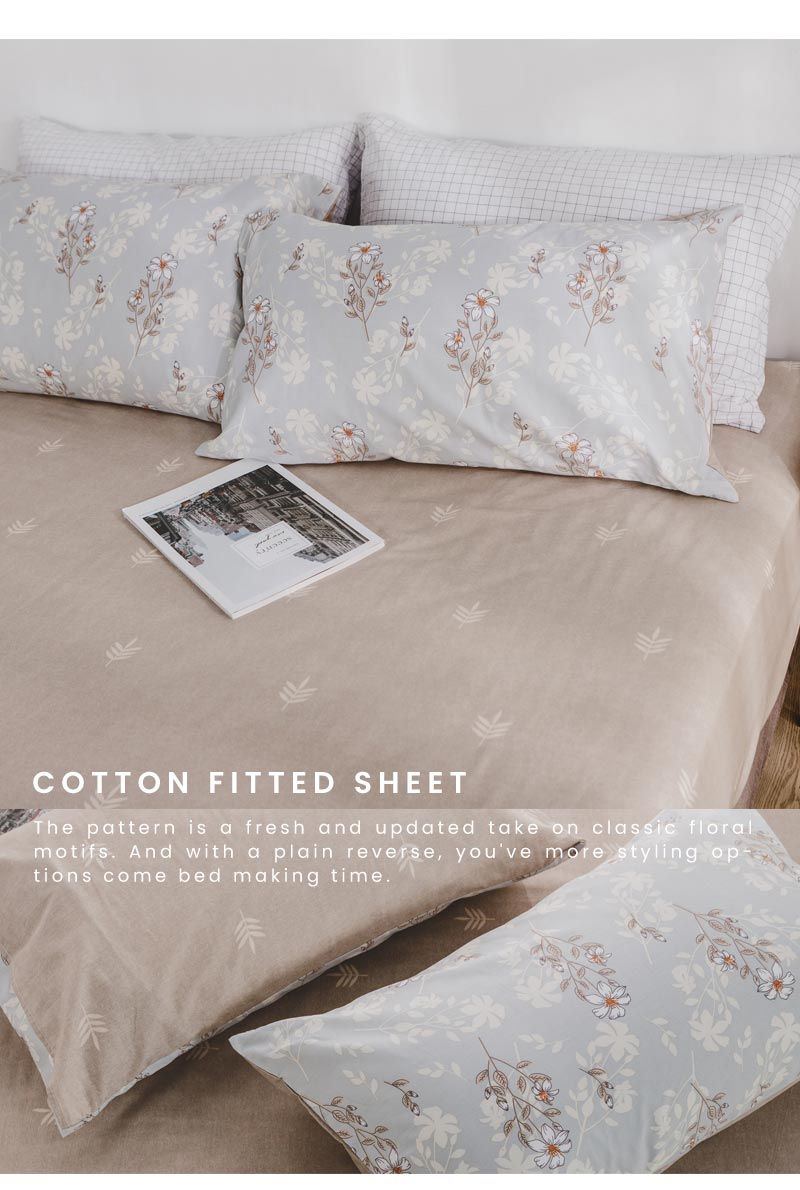 COTTON FITTED SHEETThe pattern is a fresh and updated take on classic floralmotifs And with a plain reverse, youve more styling op-tions come bed making time.