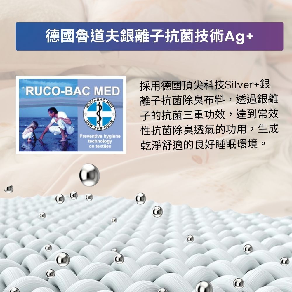 德國魯道夫銀離子抗菌技術Ag+採用德國頂尖科技Silver+銀RUCO-BAC MED MEDMEDPreventive hygienetechnologyon textiles離子抗菌除臭布料,透過銀離子的抗菌三重功效,達到常效性抗菌除臭透氣的功用,生成乾淨舒適的良好睡眠環境。