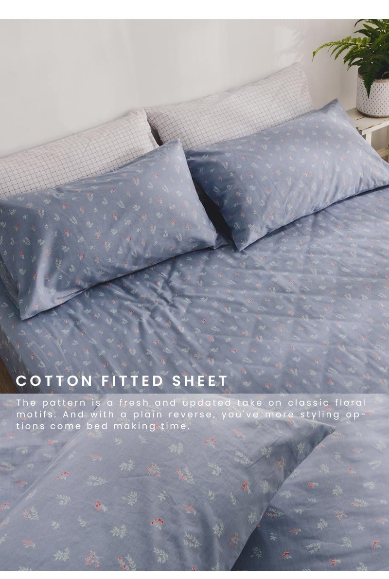 COTTON FITTED SHEETThe pattern is a fresh and updated take on classic floralmotifs. And with a plain reverse, youve more styling op-tions come bed making time.