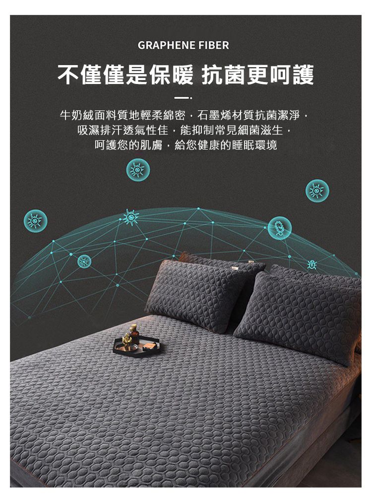 GRAPHENE FIBER不僅僅是保暖 抗菌更呵護牛奶絨面料質地輕柔綿密石墨烯材質抗菌潔淨吸濕排汗透氣性佳能抑制常見細菌滋生,呵護您的肌膚,給您健康的睡眠環境