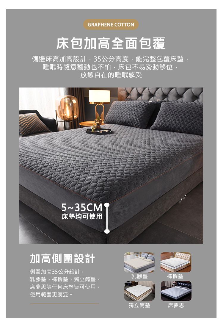 GRAPHENE COTTON床包加高全面包覆側邊床高加高設計35公分高度能完整包覆床墊睡眠時隨意翻動也不怕床包不易滑動移位放鬆自在的睡眠感受5~35CM®床墊均可使用加高側圍設計側圍加高35公分設計乳膠墊棕櫚墊乳膠墊、棕櫚墊、獨立筒墊、席夢思等任何床墊皆可使用,使用範圍更廣泛。獨立筒墊席夢思