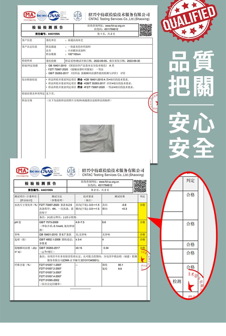 CNAS 71111261774 测报告绍兴中纺验技术服务有限公司CNTAC Teting Services Co.td.Shaoxing防伪查询网址防伪码4511784612报告编号4443109A第1页共2页客户信息委托单位泊尚布艺客户认定信息描述品名1灰色针织 数量 100100c委托测检验性质检验依据综合检验结论小霸冰皮面料受理开始日期:20220905报告签发日期:2022-09-30  18401-2010 《国家纺织产品基本安全技术规范》- FZ/T 73067-2020 《凉针织服装》 一等品/T 35263-2017 《纺织品接触凉感性能的检测与评价》 评价 所检并要求 符合  18401-2010 A相应的技术要求样品所检并要求判定项目 符合 GB/T 35263-2017 评价机应的技术要求样品所检并要求判定项目 符合 FZ/T 73067-2020 一等品相应的技术要求检验结果及单项判定  见下页。样品以下为送检样品的照片呈现和/或裁剪自送检样品的样 CNASTESTING检验检测报告报告编号:4443109A测试项目计量单位测试方样品标绍兴中纺联检验技术服务有限公司CNTAC Testing Services Co.Ltd.(Shaoxing防伪查询网址:QUALIFIED品質把關安心安全判定防伪码:4511784612第2页共2页技术要求测试结果判定(参数说明尺寸变化(% FZ/T 73067-2020 条款6.2.6 (下装3.01.5 (合格 洗涤程序:洗涤, ()+1.5 备注:(*)表示伸长,(-)表示收缩。GB/T 7573-20094.0-7.5合格合格(萃取介质: /L 氯化钾) GB 18401-2010第6.7条款 无:无异味无异味合格起球(级) GB/T 4802.1-2008 法: 参数:4合格接触瞬间冰感 ( GB/T 35263-201720.15合格m-s))(AT=15)备注:该项目不在本实验室资质认定认可能力范围内,分包至中联品检()检测服务有限公司(CMA证书编号:221311340001)。纤维含量(%)FZ/T 01057.1-2007 FZ/T 01057.2-2007FZ/T 01057.3-2007|FZ/T01057.4-2007FZ/T 01095-2002(结合公定)锦纶合格合格合格检测