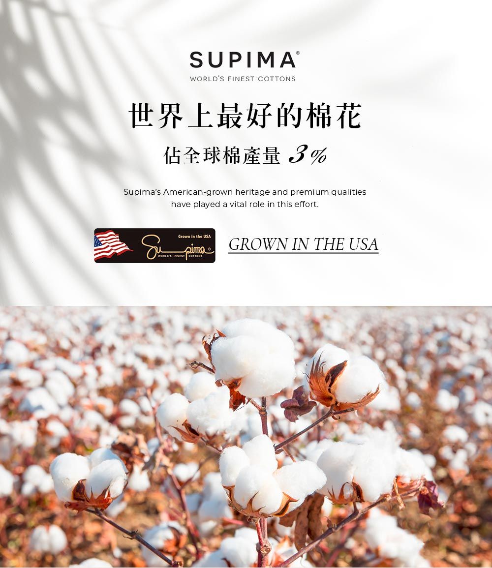 SUPIMAWORLDS  世界上最好的棉花佔全球棉產量3%Supimas American-grown heritage and premium qualitieshave played a vital role in this effort.Grown in the USAWORLDS FINESTpimaCOTTONSGROWN IN THE USA