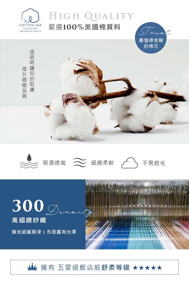 COTTON USATHE COTTONTHE WORLD TRUSTS嚴選100%美國棉質料HIGH QUALITY最值得信賴棉花的吸濕透氣細緻柔軟不易起毛300高細緻紗織質地細膩順滑  布面富有光澤擁有 五星級飯店般舒柔等級