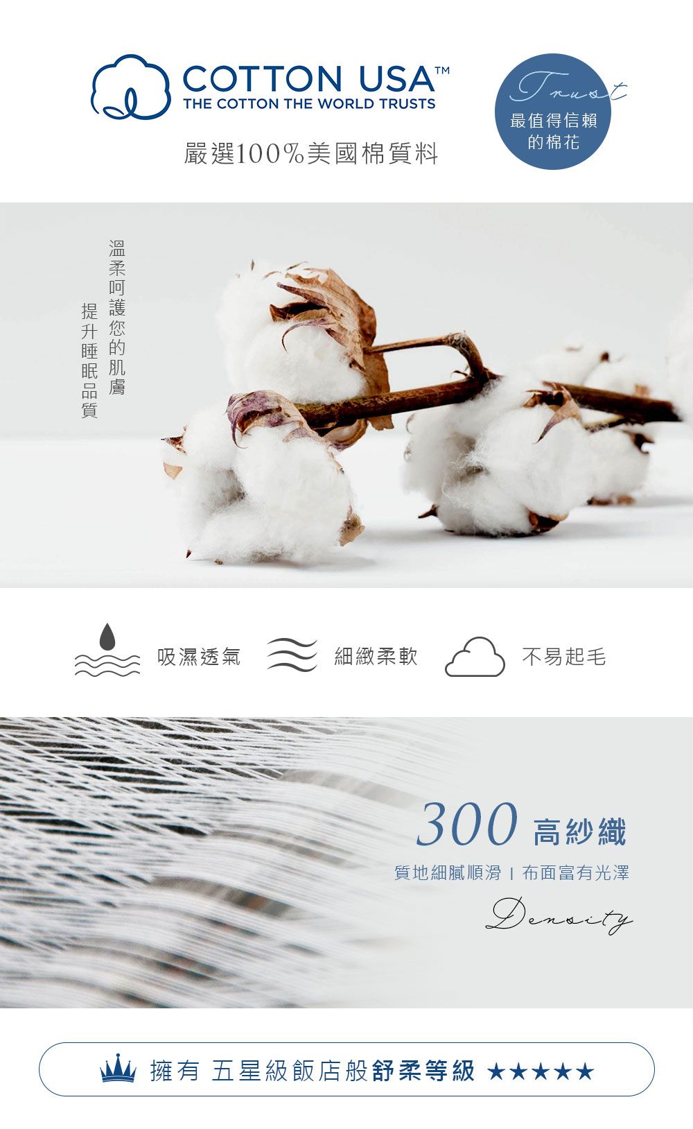 COTTON THE COTTON THE WORLD TRUSTS嚴選100%美國棉質料最值得信賴的棉花吸濕透氣細緻柔軟不易起毛300 高紗織質地細膩順滑布面富有光澤擁有 五星級飯店般舒柔等級