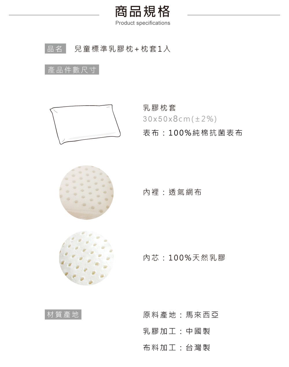 商品規格Product specifications品名兒童標準乳膠枕+枕套1入產品件數尺寸乳膠枕套30x50x8cm(±2%)表布:100%純棉抗菌表布裡:透氣網布內芯:100%天然乳膠材質產地原料產地:馬來西亞乳膠加工:中國製布料加工:台灣製