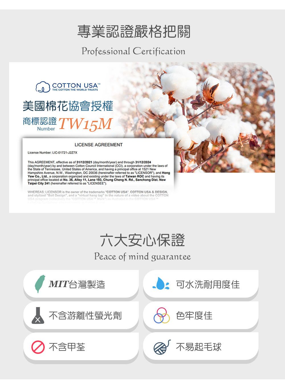 專業認證嚴格把關Professional CertificationCOTTON USATHE COTTON THE WORL TRUSTS美國棉花協會授權商標認證 TW15MNumberLICENSE AGREEMENTLicense Number LIC-01721-J2Z7XThis AGREEMENT effective as of 31/12/2021day/month/year and through 31/12/2024(day/month/year) by and between Cotton Council International () a corporation under  laws ofthe State of Tennessee United States of America, and havg a prcipal office at 1521 NewHampshire Avenue, , Washington, DC 20036 (hereinafter referred to as LICENSOR), and HongYew Co, Ltd, a corporation organized and existing under the laws of Taiwan ROC and having itsprincipal office located at No. 36, Alley 11, Lane 193, Chung Cheng N. Rd., Sanchong Dist. NewTaipei City 241 (hereinafter referred to as LICENSEE).WHEREAS: LICENSOR is the owner of the trademarks COTTON USA COTTON USA & DESIGN.and stylized Boll Design, and a virtual hang tag in the nature of a video about the COTTONUSA  ( the COTTON USA Mark) as  in the COTTON USA六大安心保證Peace of mind guaranteeMIT台灣製造可水洗耐用度佳D 不含游離性螢光劑不含甲荃色牢度佳不易起毛球