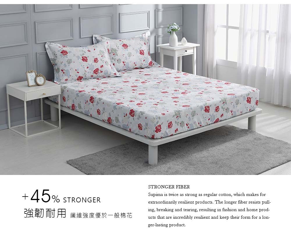 45% STRONGER強韌耐用 纖維強度優於一般棉花STRONGER FIBERSupima is twice as strong as regular cotton, which makes forextraordinarily resilient products The longer fiber resists pull-ing, breaking and tearing, resulting in fashion and home prod-ucts that are incredibly resilient and keep their form for a lon-ger-lasting product.