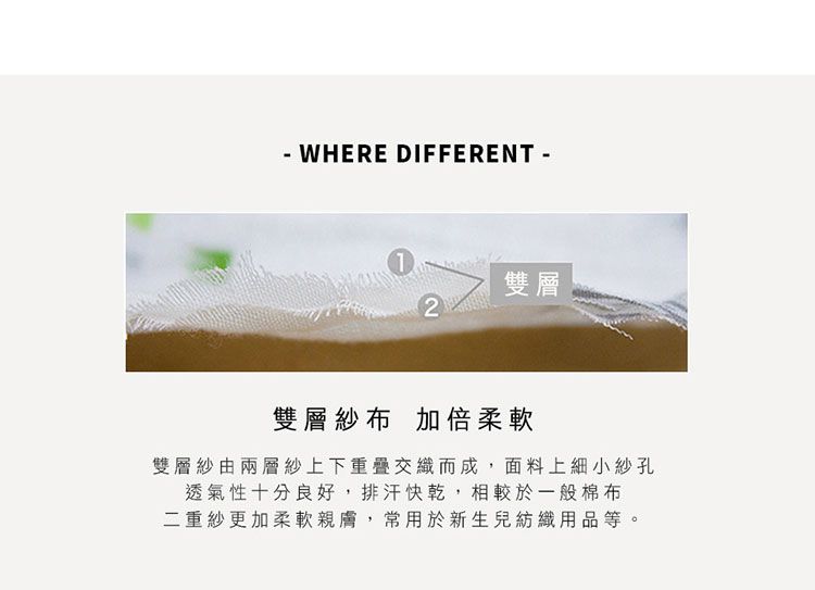 - WHERE DIFFERENT -雙層2雙層紗布 加倍柔軟雙層紗由兩層紗上下重疊交織而成,面料上細小紗孔透氣性十分良好,排汗快乾,相較於一般棉布二重紗更加柔軟親膚,常用於新生兒紡織用品等。