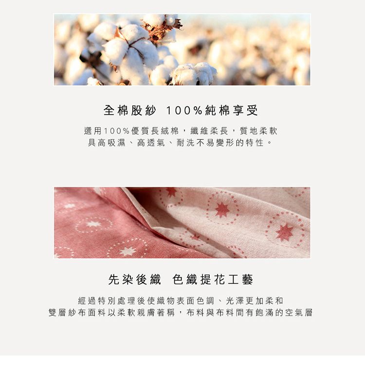 全棉股紗 100%純棉享受選用100%優質長絨棉,纖維柔長,質地柔軟具高吸濕、高透氣、耐洗不易變形的特性。先染後 色織提花工藝經過特別處理後使織物表面色調、光澤更加柔和雙層紗布面料以柔軟親膚著稱,布料與布料間有飽滿的空氣層