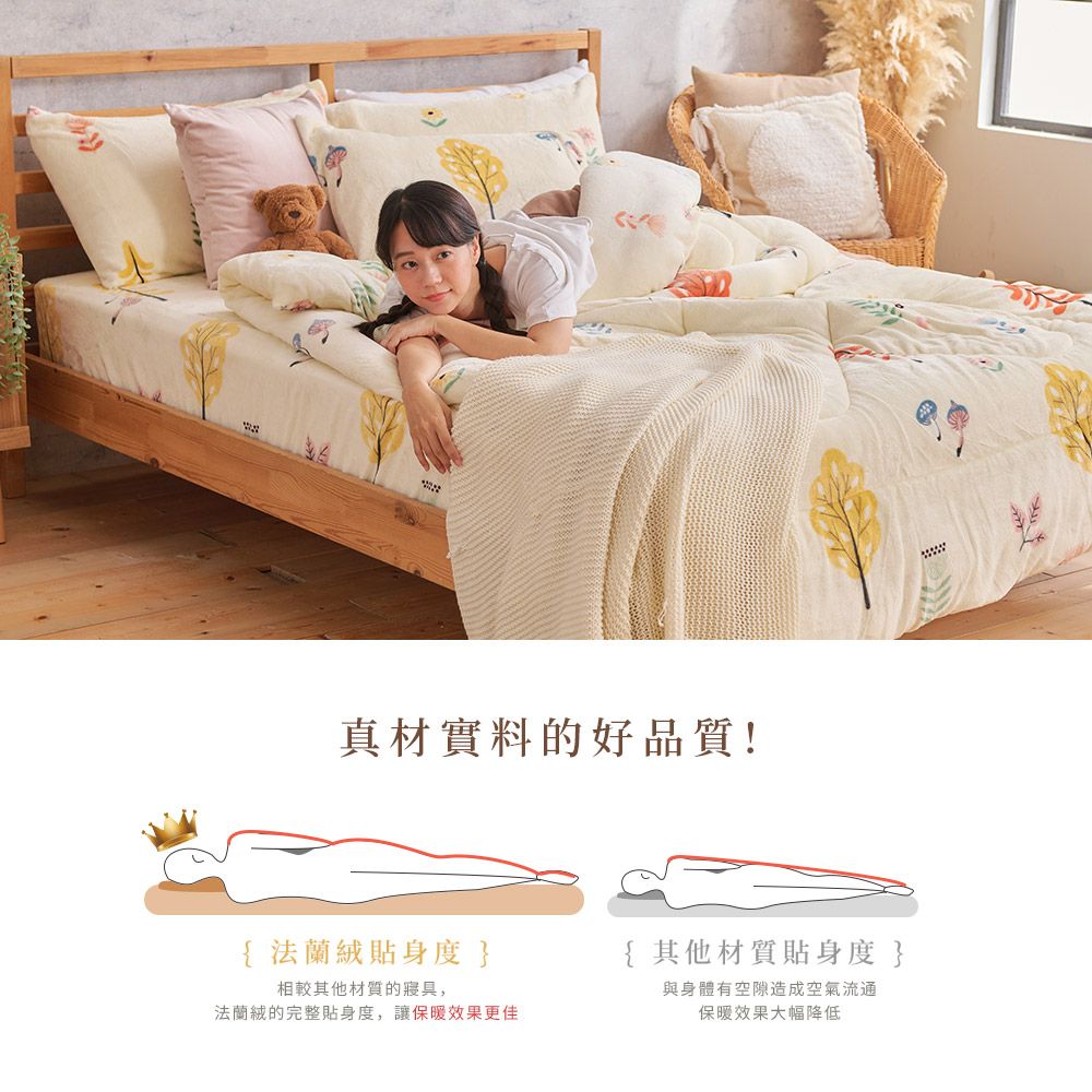 真材實料的好品質!{法蘭絨貼身度 }相較其他材質的寢具法蘭絨的完整貼身度,讓保暖效果更佳{ 其他材質貼身度}與身體有空隙造成空氣流通保暖效果大幅降低