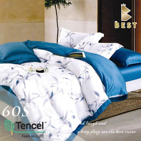 【BEST貝思特】100%TENCEL特大60支頂級天絲兩用被床包組 梅芳竹清-藍