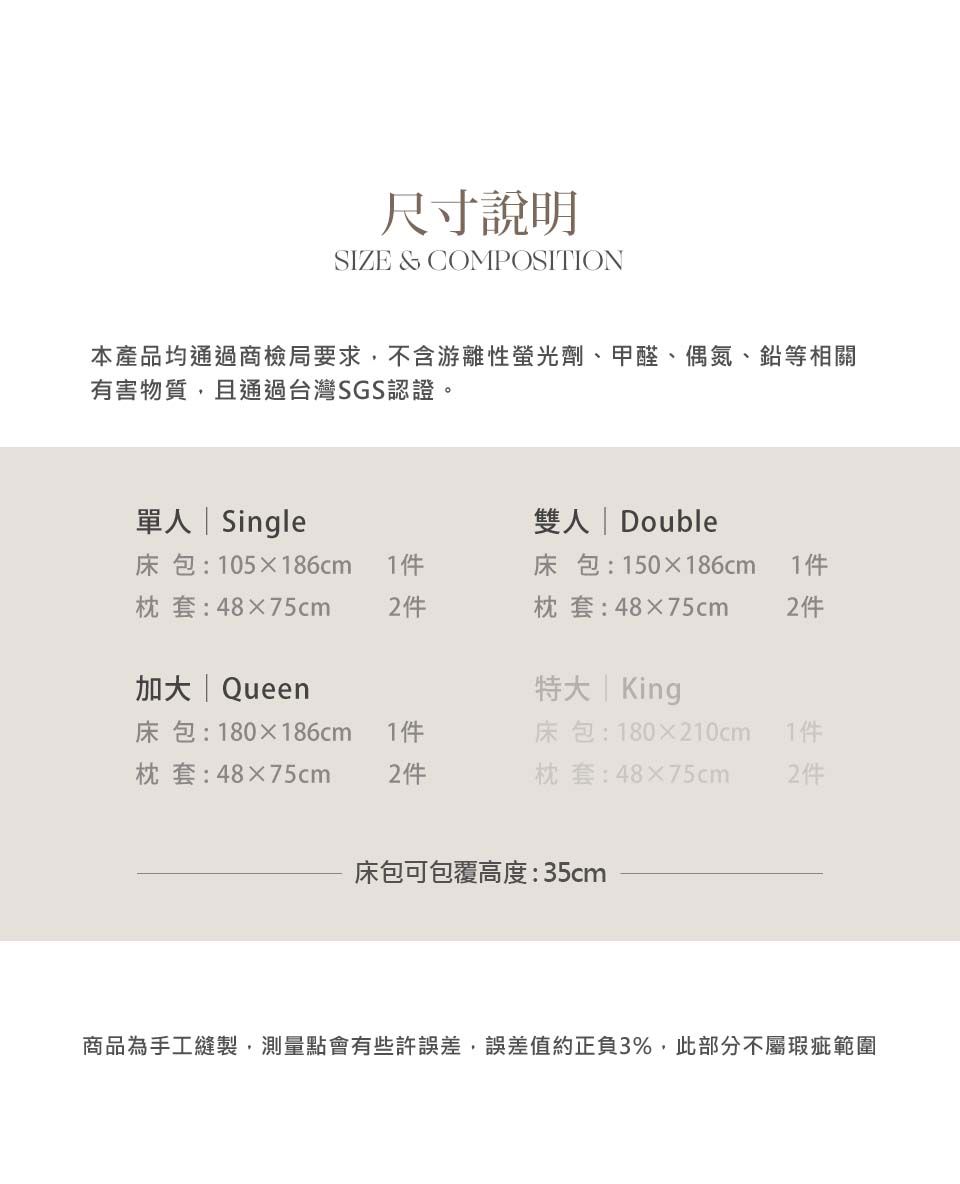 尺寸說明SIZE & COMPOSITION本產品均通過商檢局要求,不含游離性螢光劑、甲醛、偶氮、鉛等相關有害物質,且通過台灣SGS認證。單人  Single雙人  Double床包:105186cm 1件枕套:4875cm2件床包:150186cm枕套:4875cm1件2件  Queen特大 | King床包:180186cm1件床包:180210cm1件枕套:4875cm2件枕套:4875cm2件床包可包覆高度:35cm商品為手工縫製,測量點會有些許誤差,誤差值約正負3%,此部分不屬瑕疵範圍