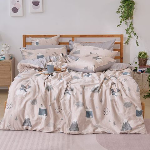 【戀家小舖】台灣製 60支精梳棉 北境森語 雙人加大床包枕套三件組