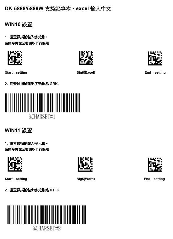 DK-5888/5888W 支援記事本、excel 輸入中文WIN10 設置1.設置掃描輸入字元。請依序由左至右讀取下行Start setting2.設置掃描輸出字元 GBK.%CHARSET#1WIN11 設置1.設置掃描槍輸入字元。請依序由左至右讀取下行條碼Start setting2. 設置掃描槍輸出字元集 UTF8%CHARSET#2Big5(Excel)End settingBig5(Word)End setting