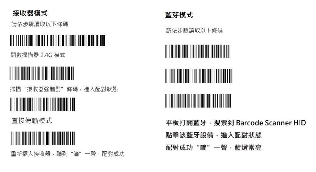 接收器模式請依步驟讀取以下條碼藍芽模式請依步驟讀取以下條碼開啟掃描器 2.4G 模式掃描“接收器強制對條碼進入配對狀態直接傳輸模式平板打開藍牙搜索到 Barcode Scanner HID點擊該藍牙設備進入配對狀態配對成功“嘀”一聲,藍燈常亮重新插入接收器,聽到“滴”一聲,配對成功
