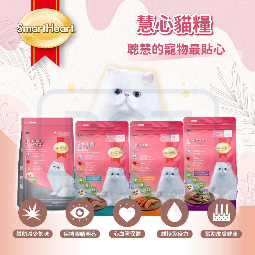 慧心貓糧聰慧的寵物最貼心HAIRBALLCHICKEN T CONTROL & TUNAANTI BEBOLA 雞肉 SmartHearSALMON    SEAFOODADUL  CAREFOR HEALTHY LIFE幫助減少氣味 保持眼睛明亮心血管保健維持免疫力幫助皮膚健康