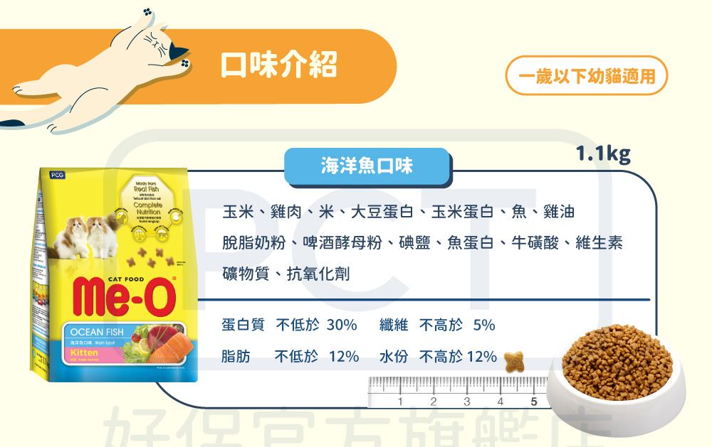 PCG  Complete味介紹口味一歲以下幼貓適用1.1kg玉米雞肉、米、大豆蛋白、玉米蛋白、魚、雞油脫脂奶粉、啤酒酵母粉、碘鹽、魚蛋白、牛磺酸、維生素礦物質、抗氧化劑CAT FOD-OOCEAN FISH蛋白質 不低於30%纖維 不高於5%海洋魚口 Kitten脂肪 不低於12%水份不高於12%好145