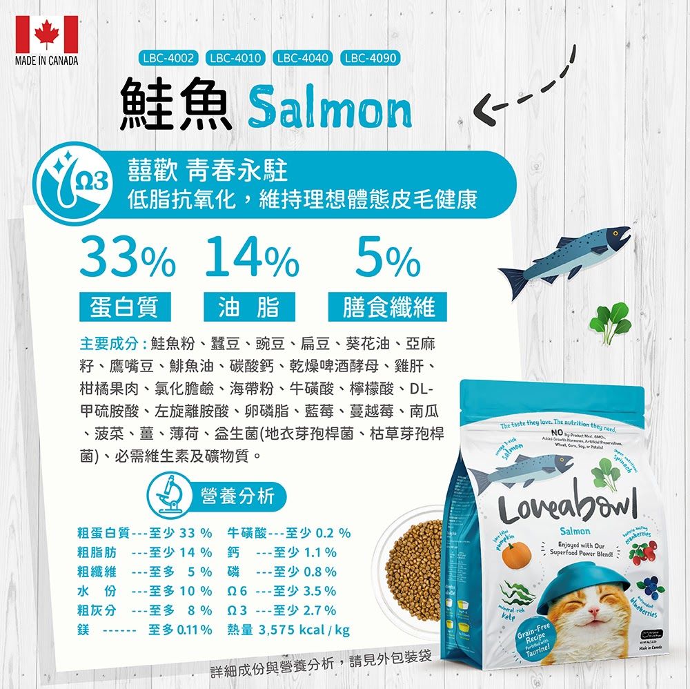 ADE IN CANADALBC-4002LBC-4010 LBC-4040 LBC-4090鮭魚 S 歡 青春永駐低脂抗氧化維持理想體態皮毛健康33% 14%蛋白質  油脂5%膳食纖維主要成分:鮭魚粉、蠶豆、豌豆、扁豆、葵花油、亞麻籽、鷹嘴豆、鯡魚油、碳酸鈣、乾燥啤酒酵母、雞肝、柑橘果肉、氯化膽鹼、海帶粉、牛磺酸、檸檬酸、DL-甲硫胺酸、左旋離胺酸、卵磷脂、藍莓、蔓越莓、南瓜、菠菜、薑、薄荷、益生菌(地衣芽孢桿菌、枯草芽孢桿菌)、必需維生素及礦物質。營養分析粗蛋白質至少33% 牛磺酸---至少02%粗脂肪 ---至少14% 鈣 ---至少1.1%粗纖維 ---至多5%水份---至多10%粗灰分---至多 8%鎂至多0.11%---至少0.8%Q6---至少3.5% ---至少2.7%熱量3575kcalkg詳細成份與營養分析,請見外包裝袋The taste they love. The nutrition they need.almon  M,  ,     SalmonEnjoyed with Our Superfood Power Blendteberries/Gra-FreeRecipe in