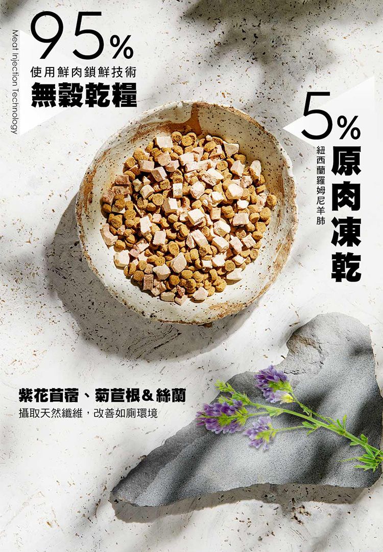 95使用鮮鎖鮮技術無穀乾糧Meat Injection Technology5%%肉紫花苜蓿菊苣根&amp;絲蘭攝取天然纖維,改善如廁環境