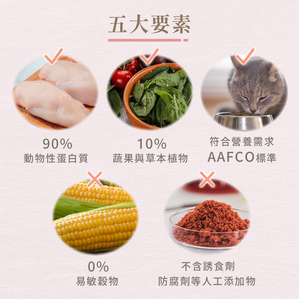 五大要素90%10%動物性蛋白質蔬果與草本植物符合營養需求AAFCO標準0%不含誘食劑易敏穀物防腐劑等人工添加物