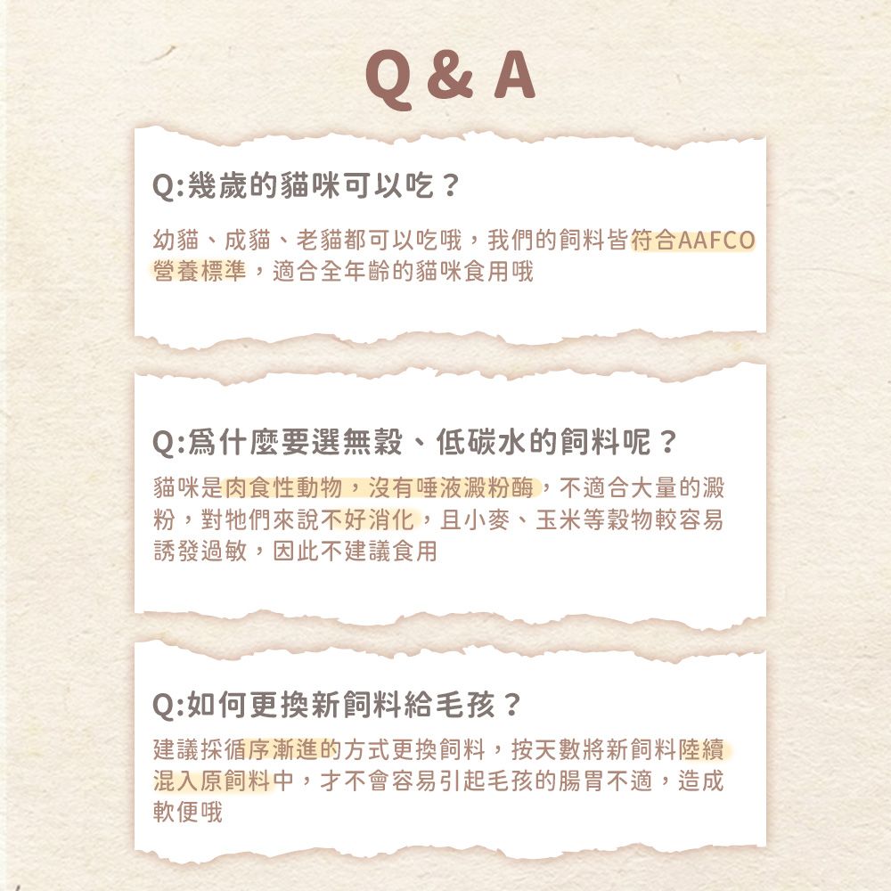 Q&AQ:幾歲的貓咪可以吃?幼貓、成貓、老貓都可以吃哦,我們的飼料皆符合AAFCO營養標準,適合全年齡的貓咪食用哦Q:為什麼要選無穀、低碳水的飼料呢?貓咪是肉食性動物,沒有唾液澱粉酶,不適合大量的澱粉,對牠們來說不好消化,且小麥、玉米等穀物較容易誘發過敏,因此不建議食用Q:如何更換新飼料給毛孩?建議採循序漸進的方式更換飼料,按天數將新飼料陸續混入原飼料中,才不會容易引起毛孩的腸胃不適,造成軟便哦