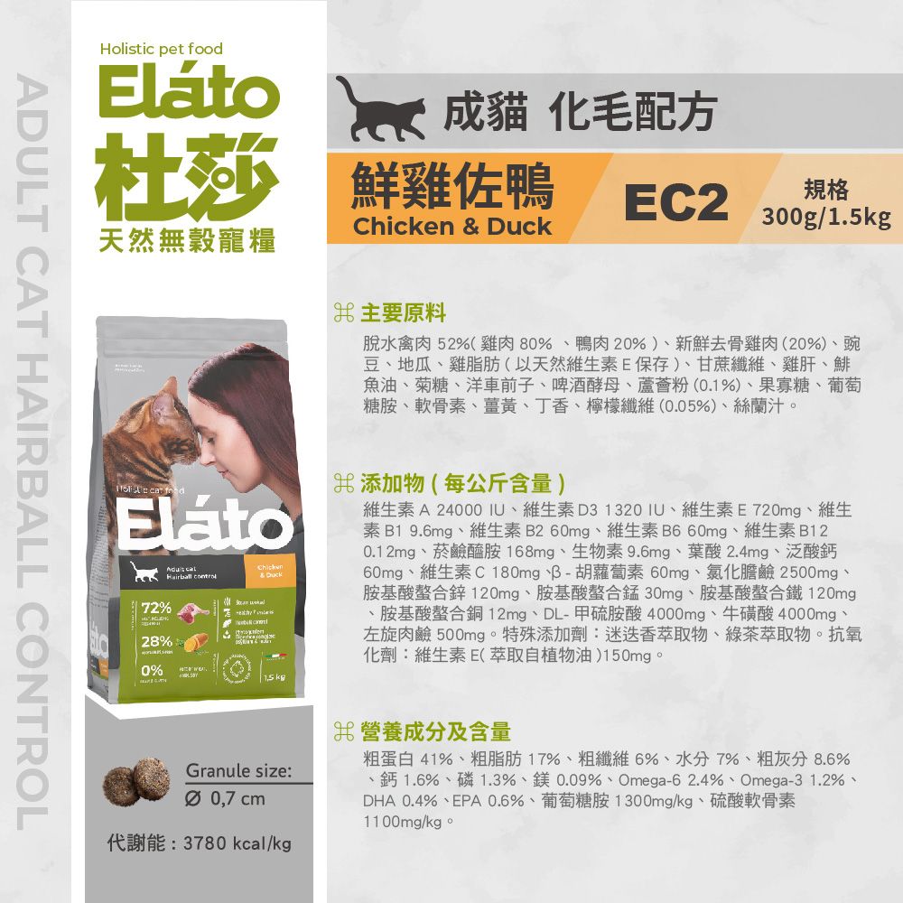 Holistic pet oodEláto成貓 化毛配方 鮮雞佐EC2規格Chicen  300g/1.5kg天然無穀寵糧ADULT CAT HAIRBALL CONTROL原料脫水禽肉52%(雞肉80%鴨肉20%)、新鮮去骨雞肉(20%)、豌豆、地瓜、雞脂肪(以天然維生素E保存)、甘蔗纖維、雞肝、鯡魚油、菊糖、洋車前子、啤酒酵母、蘆薈粉(0.1%)、果寡糖、葡萄糖胺、軟骨素、薑黃、丁香、檸檬纖維(0.05%)、絲蘭汁。  fEláto72%28%0%  k& Duck kg添加物(每公斤含量)維生素A 24000IU、維生素D31320IU、維生素E720mg、維生素 B1 9.6mg、維生素B260mg、維生素B660mg、維生素B120.12mg、菸鹼醯胺 168mg、生物素 9.6mg、葉酸2.4mg、泛酸鈣60mg、維生素C180mg、胡蘿蔔素 60mg、氯化膽鹼 2500mg、胺基酸螯合120mg、胺基酸螯合錳30mg、胺基酸螯合鐵120mg、胺基酸螯合銅12mg、DL-甲硫胺酸 4000mg、牛磺酸 4000mg、左旋肉鹼 500mg。特殊添加劑:迷迭香萃取物、綠茶萃取物。抗氧化劑:維生素E(萃取自植物油)150mg。Granule size: 0,7 cm代謝能:3780 kcal/kg營養成分及含量粗蛋白41%、粗脂肪17%、粗纖維6%、水分7%、粗灰分8.6%、鈣1.6%、磷1.3%、0.09%、Omega-62.4%、Omega-31.2%、DHA 0.4%、EPA 0.6%、葡萄糖胺1300mg/kg、硫酸軟骨素1100mg/kg。