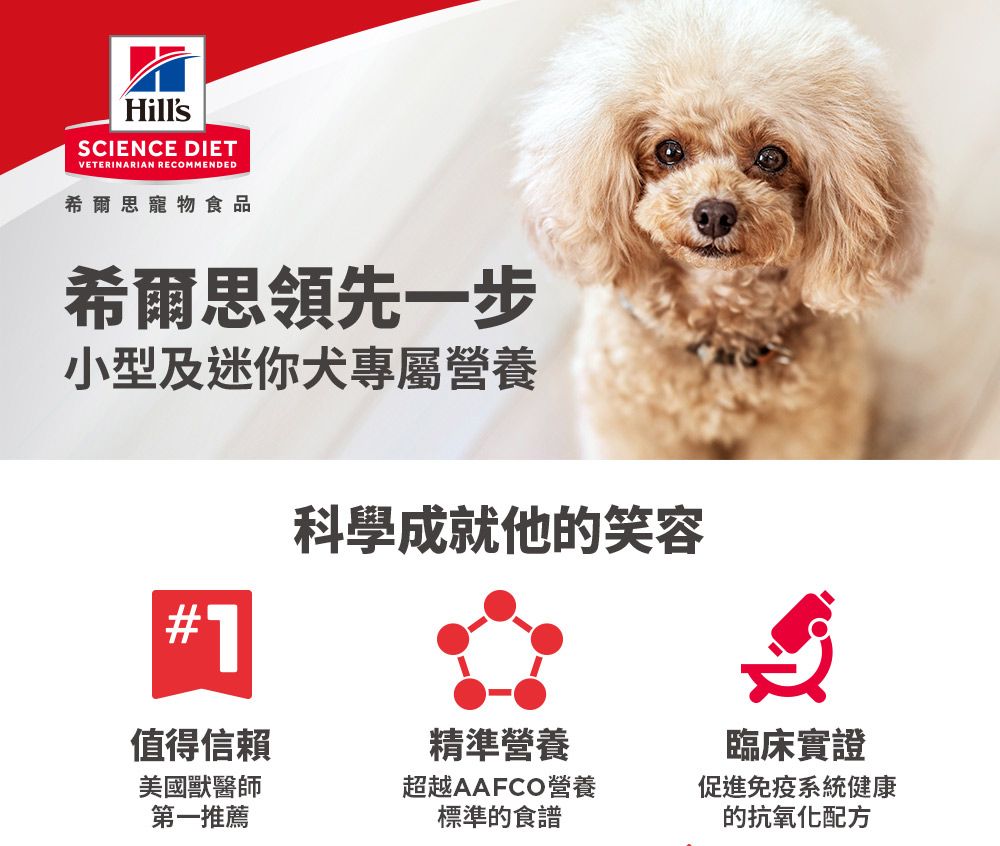 HillsSCIENCE DIETVETERINARIAN RECOMMENDED希爾思寵物食品希爾思領先一步小型及迷你犬專屬營養科學成就他的笑容值得信賴精準營養臨床實證美國獸醫師第一推薦超越AAFCO營養標準的食譜促進免疫系統健康的抗氧化配方