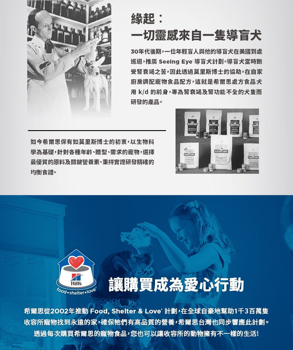 緣起:一切靈感來自一隻導盲犬30年代後期,一位年輕盲人與他的導盲犬在美國到處巡迴,推廣 Seeing Eye 導盲犬計劃。導盲犬當時飽受腎衰竭之苦,因此透過莫里斯博士的協助,在自家廚房調配寵物食品配方,這就是希爾思處方食品犬用 k/d 的前身,專為腎衰竭及腎功能不全的而研發的產品。如今希爾思保有如莫里斯博士的初衷,以生物科學為基礎,針對各種年齡、體型、需求的寵物,選擇最優質的原料及關鍵營養素、秉持實證研發精確的均衡食譜。 Hillsfood shelterlove-讓購買成為愛心行動希爾思從2002年推動 Food, Shelter & Love 計劃,在全球自豪地幫助1千3百萬隻收容所寵物找到永遠的家,確保牠們有高品質的營養,希爾思台灣也同步響應此計劃。透過每次購買希爾思的寵物食品,您也可以讓收容所的動物擁有不一樣的生活!